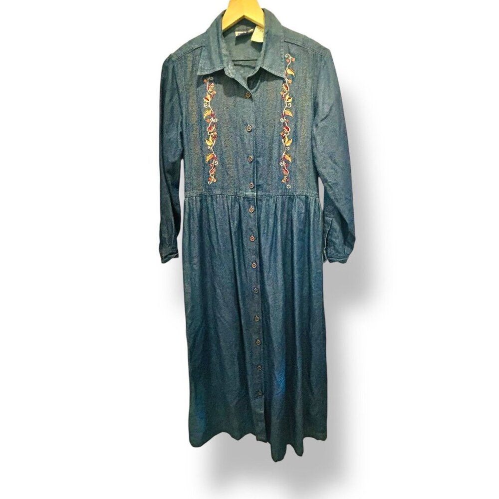 Vintage Cottagecore‎ Denim Embroidered Prairie Dress Size Medium Back Tie Bird